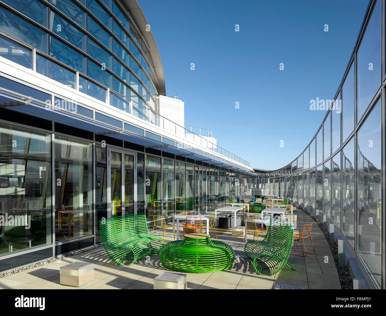 One Angel Square, The Co-op HQ Manchester. The terrace area with seating at the award-winning sustainable Head Office building of the Co-operative Group Stock Photo