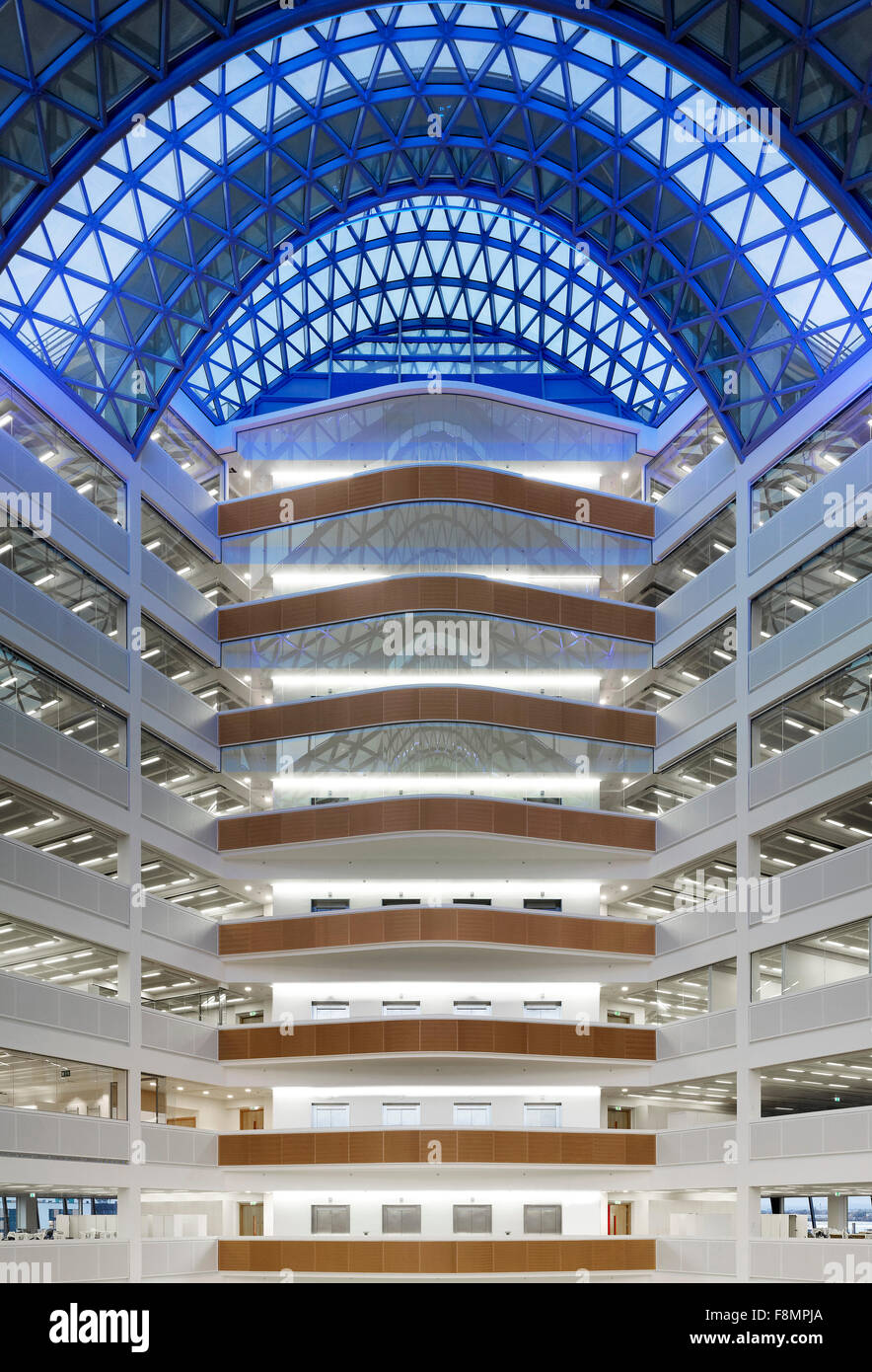 One Angel Square, The Co-op HQ Manchester. The atrium inside the contemporary award-winning Headquarters building of the Co-operative Group Stock Photo