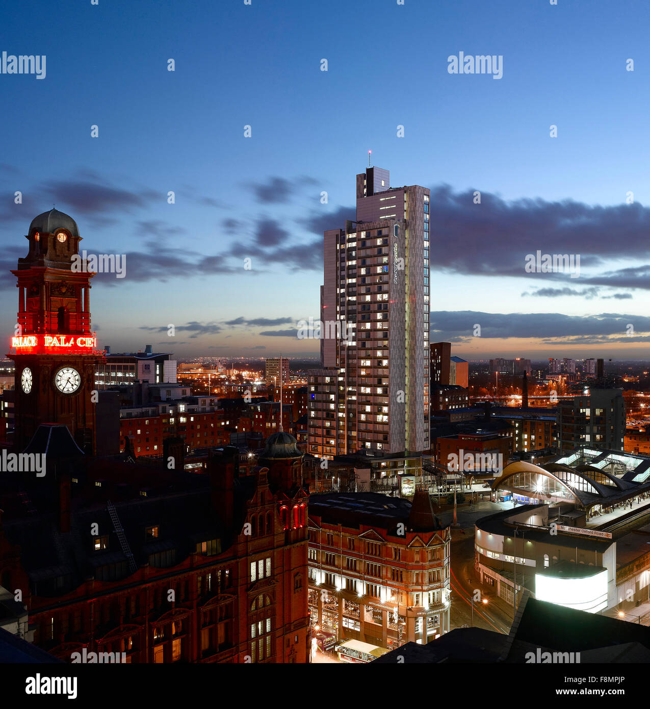 Student Castle, Manchester. Student accommodation. View of the building at night time. City skyline. Stock Photo