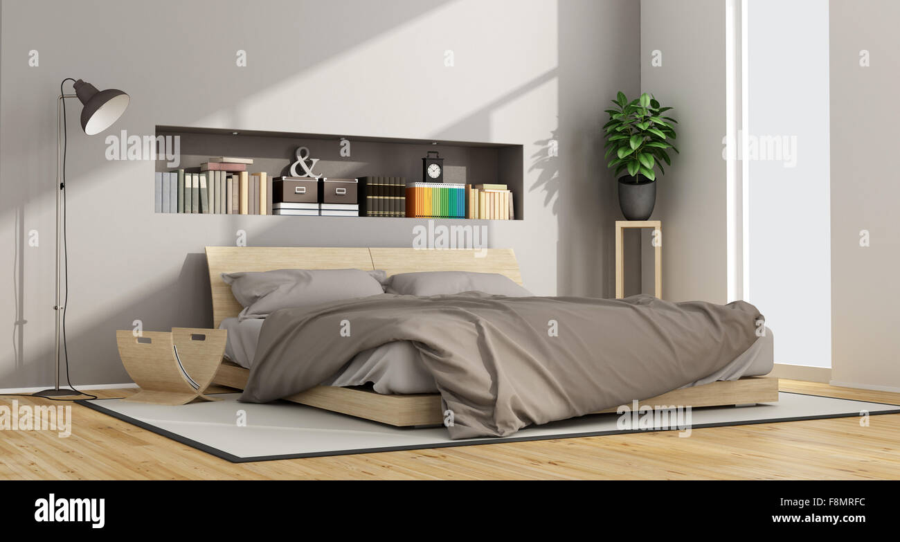 Bright Contemporary bedroom with wooden double bed and niche with objects - 3D Rendering Stock Photo