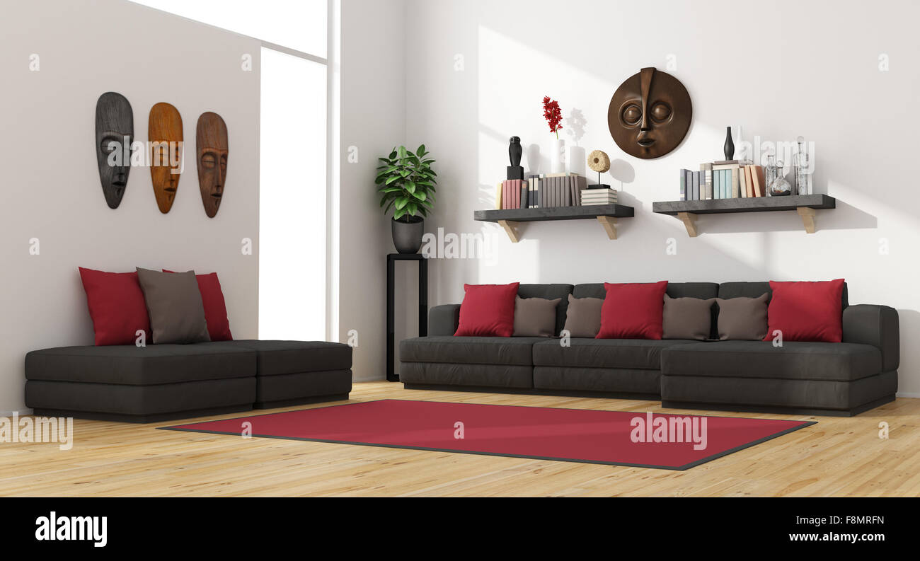Contemporary living room with modern sofa and footstools -3D Rendering Stock Photo