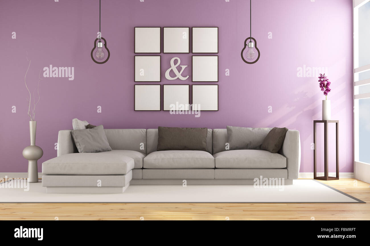 Contemporary living room with lilla wall and elegant sofa - 3D Rendering  Stock Photo - Alamy