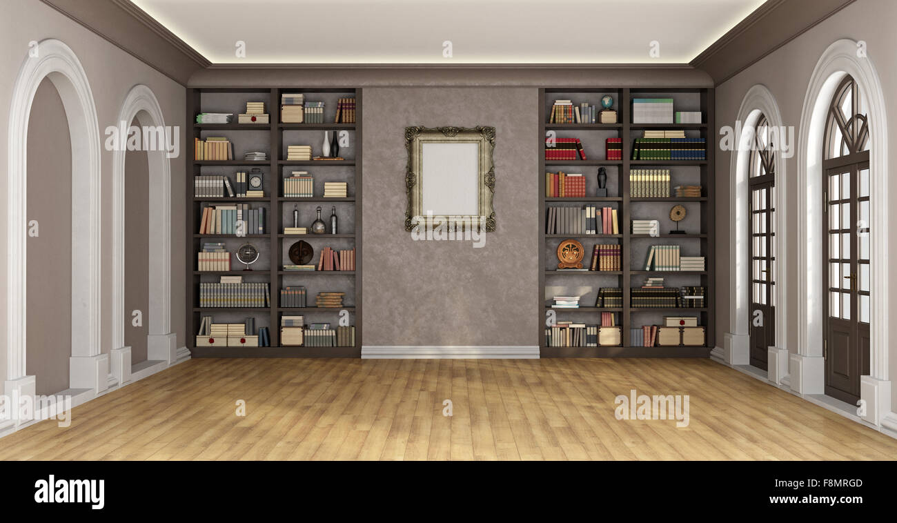 Luxury living room with large bookcase full of books and objects - 3D Rendering Stock Photo