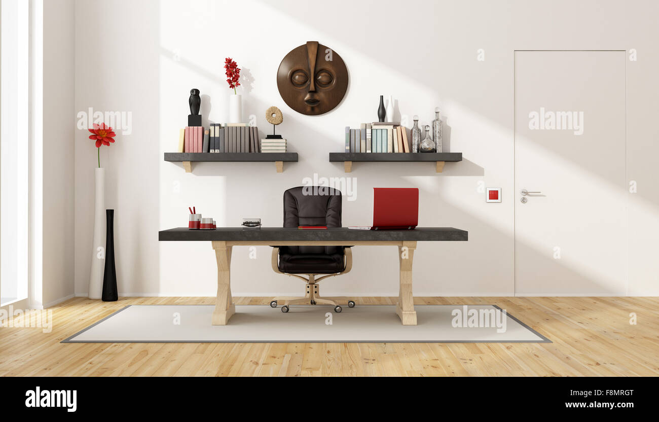 Home office with vintage desk,leather chair,shelves and retro objects - 3D Rendering Stock Photo