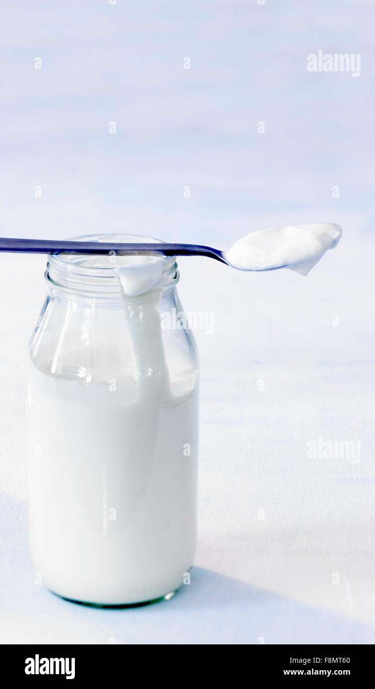 Natural yoghurt in a jar Stock Photo