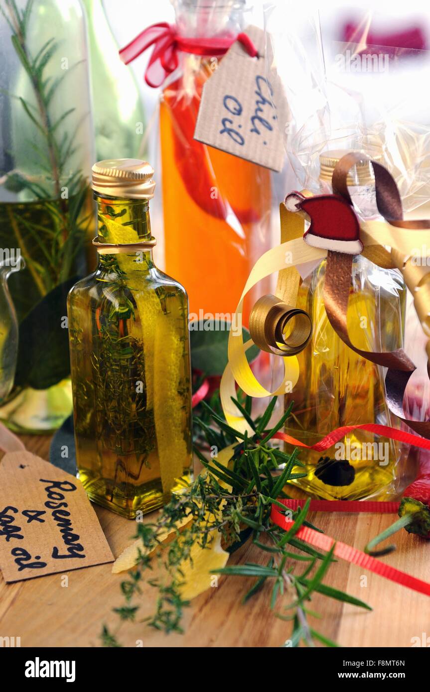 Home-made aromatic oils in bottles as gifts Stock Photo