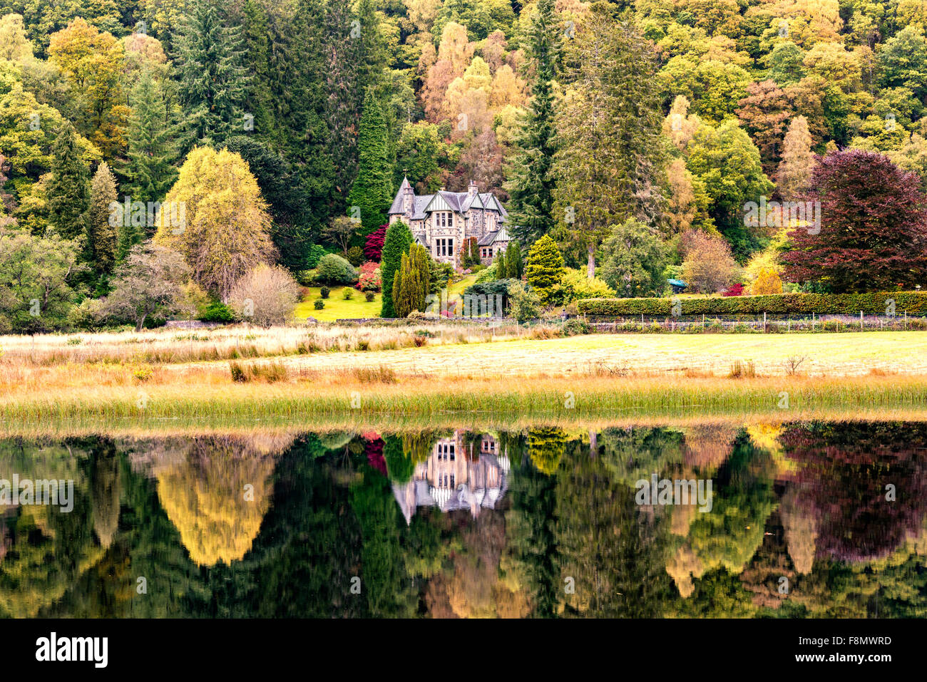 Autumn colour on the banks of Loch Ard in the Loch Lomond and Trossachs national park Stock Photo