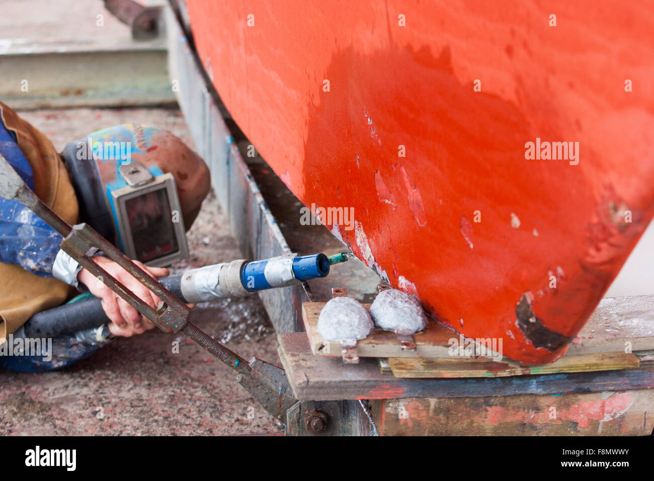 Sailing vessel, being repaired in a boatyard Stock Photo