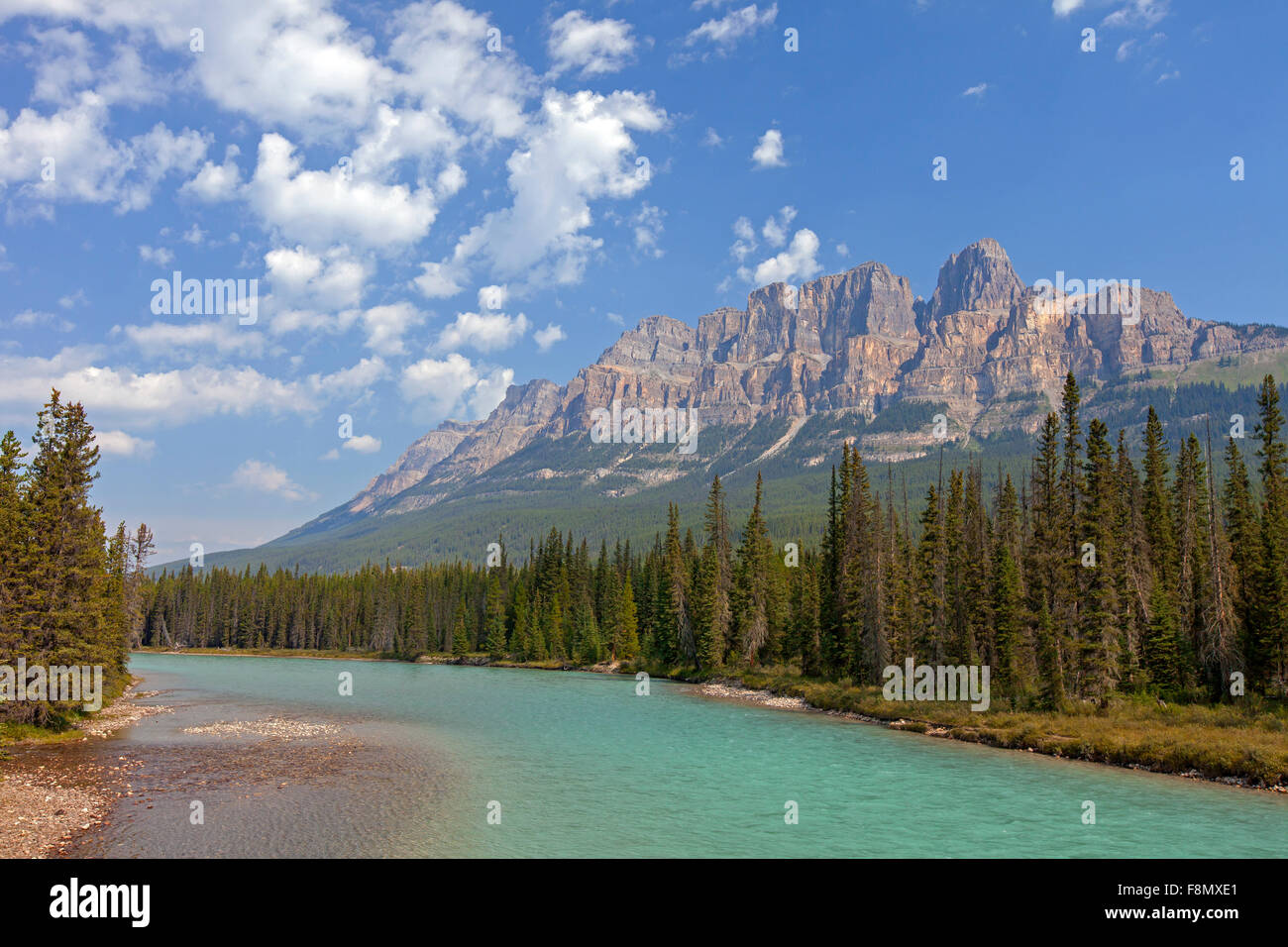 Castle Mountain and the Bow River, Banff National Park, Alberta, Rocky Mountains, Canada Stock Photo