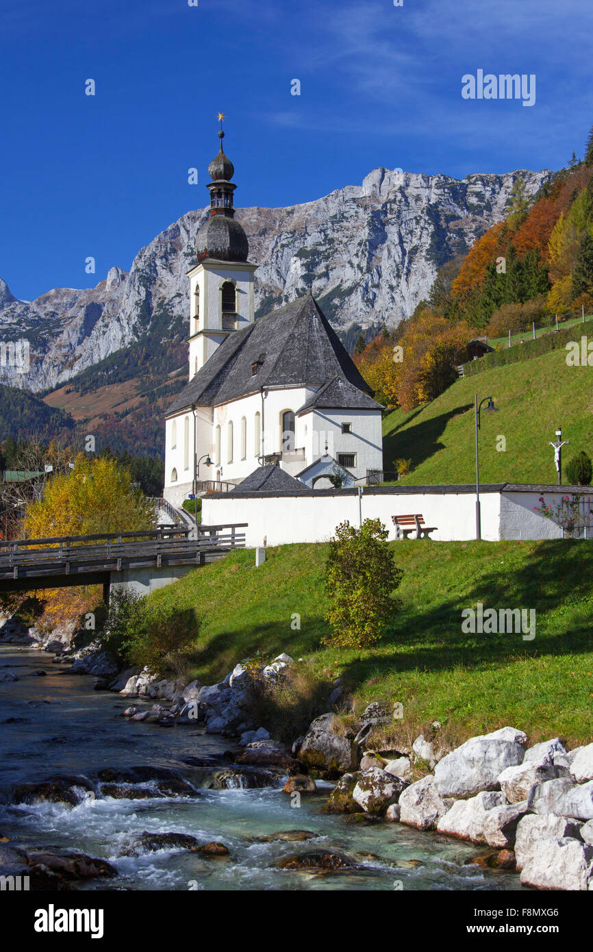 Church of St. Sebastian, with the Reiter Alpe in background in autumn at Ramsau, Berchtesgaden, Bavaria, Germany Stock Photo