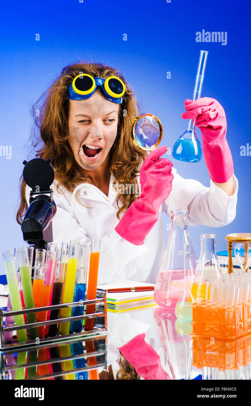 Funny female chemist in lab Stock Photo - Alamy