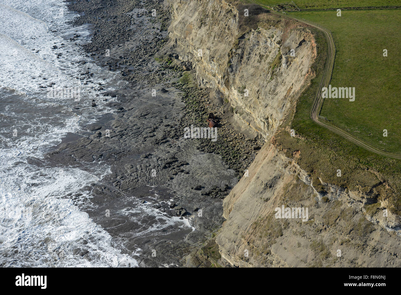 An aerial view of the North Yorkshire coast near Ravenscar and Old Peak Stock Photo
