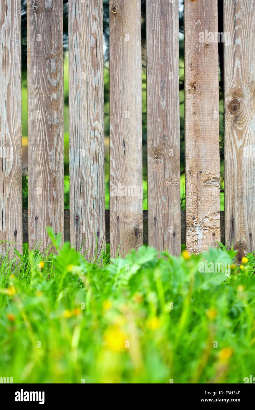 wooden fence background with green grass border Stock Photo - Alamy
