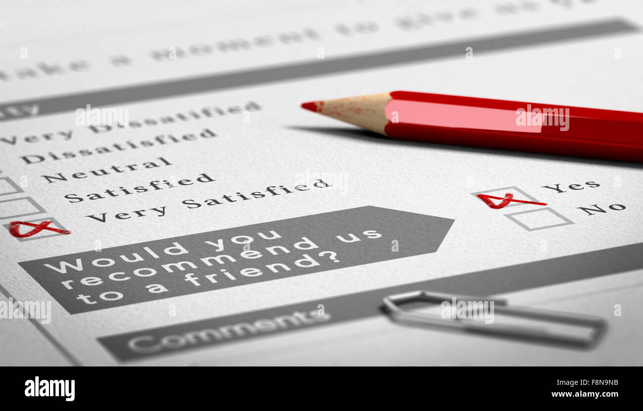 Paper survey document with a red wooden pencil. Very positive customer ...