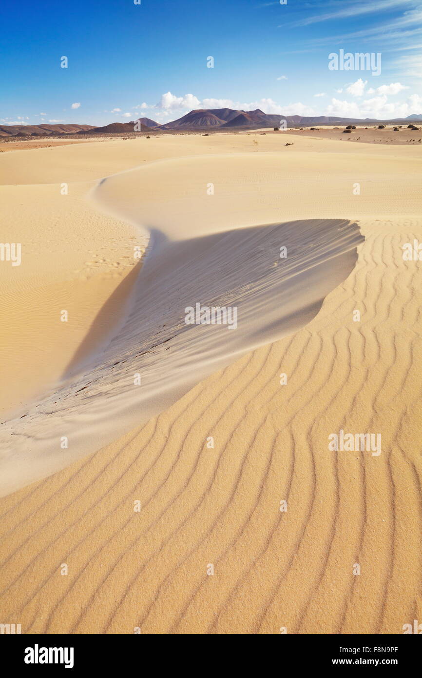 Landscape of desert sand dune in Parque Natural de Corralejo, Canary Islands, Fuerteventura Island, Spain Stock Photo