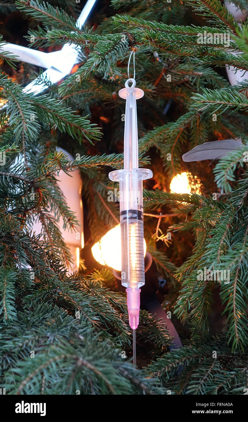 Syringe Christmas tree decoration designed by the artist Damien Hirst