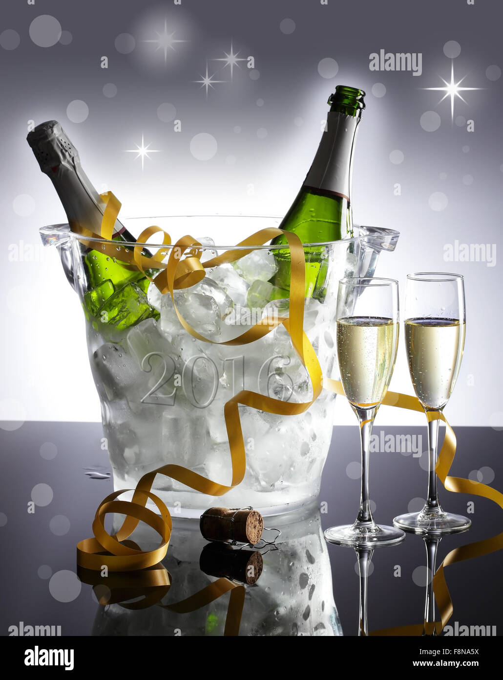 New year’s eve 2015-2016. A champagne bucket with bottles and flutes Stock Photo