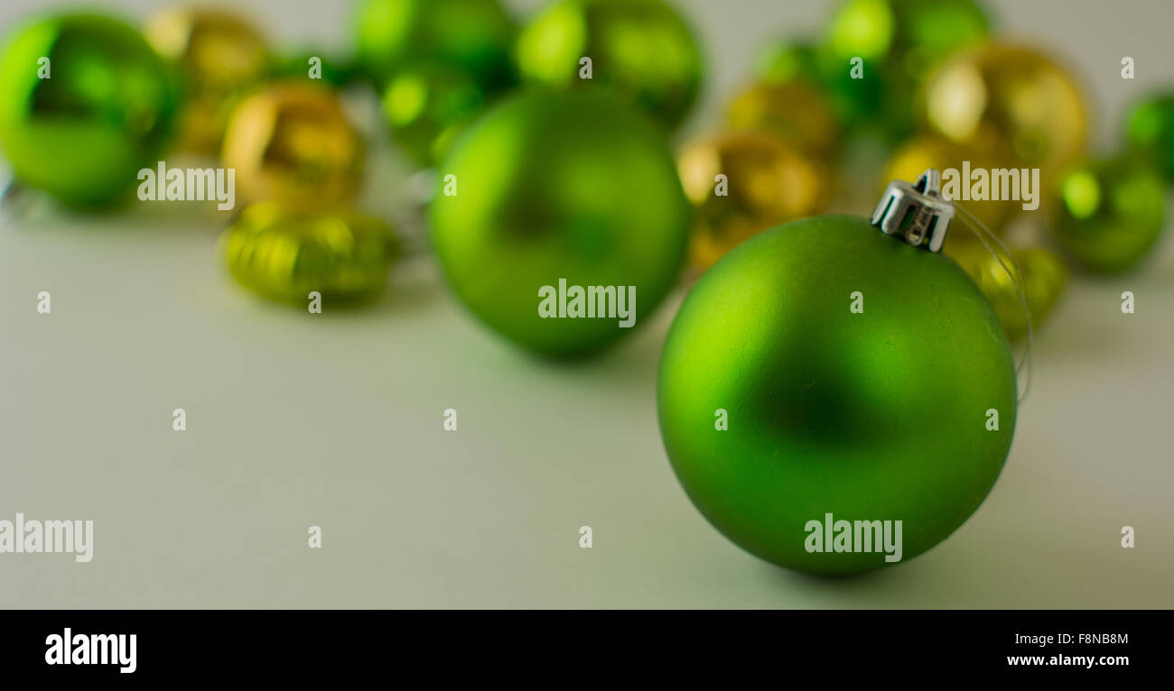 Christmas ornament defocused green balls Stock Photo