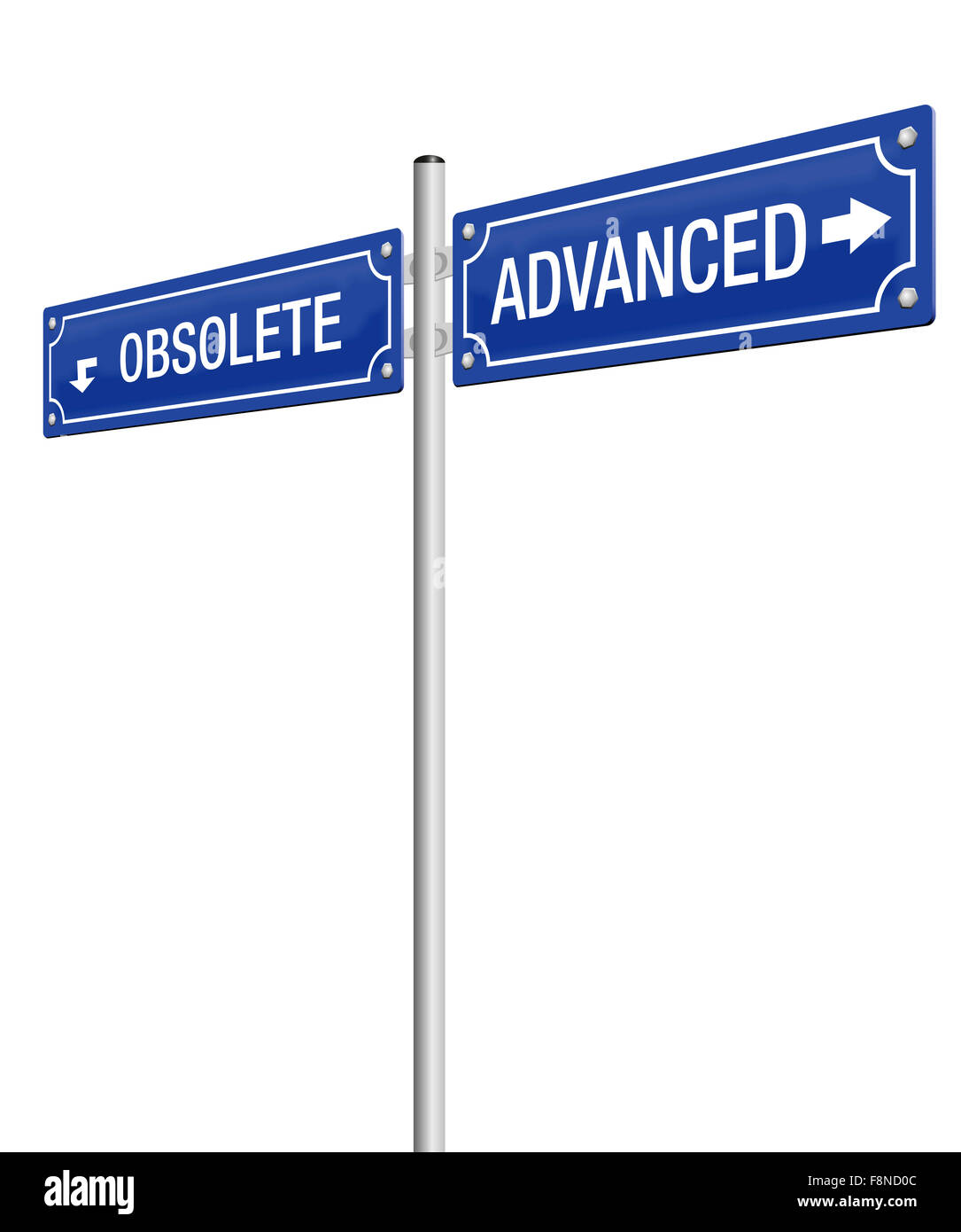 ADVANCED and OBSOLETE, written on two signposts. Illustration on white background. Stock Photo