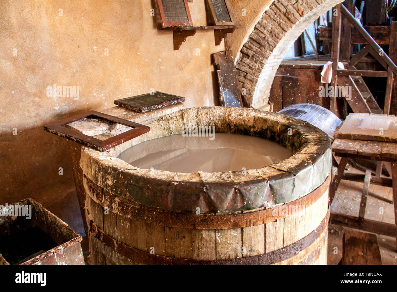 Ancient paper mill. Old traditional process of paper production Stock Photo