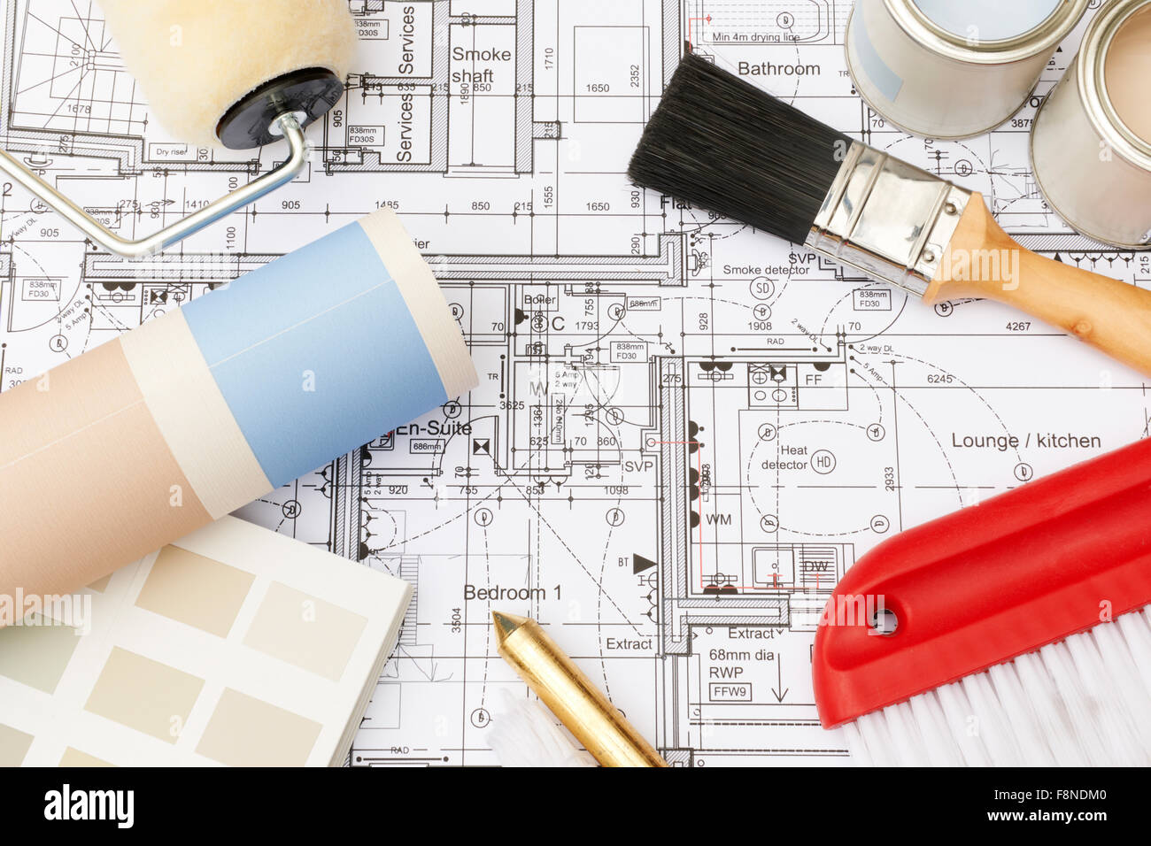 Decorating Components Arranged On House Plans Stock Photo - Alamy