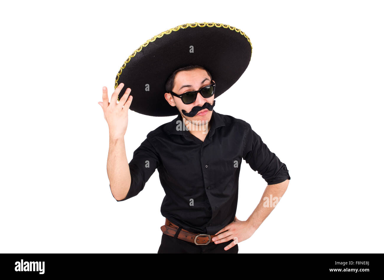 Funny man wearing mexican sombrero hat 