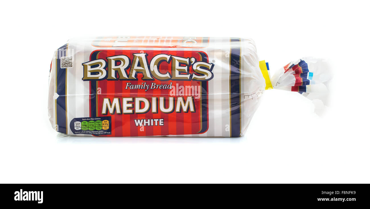 Loaf Of Braces Medium White Sliced Bread on a White Background Stock Photo
