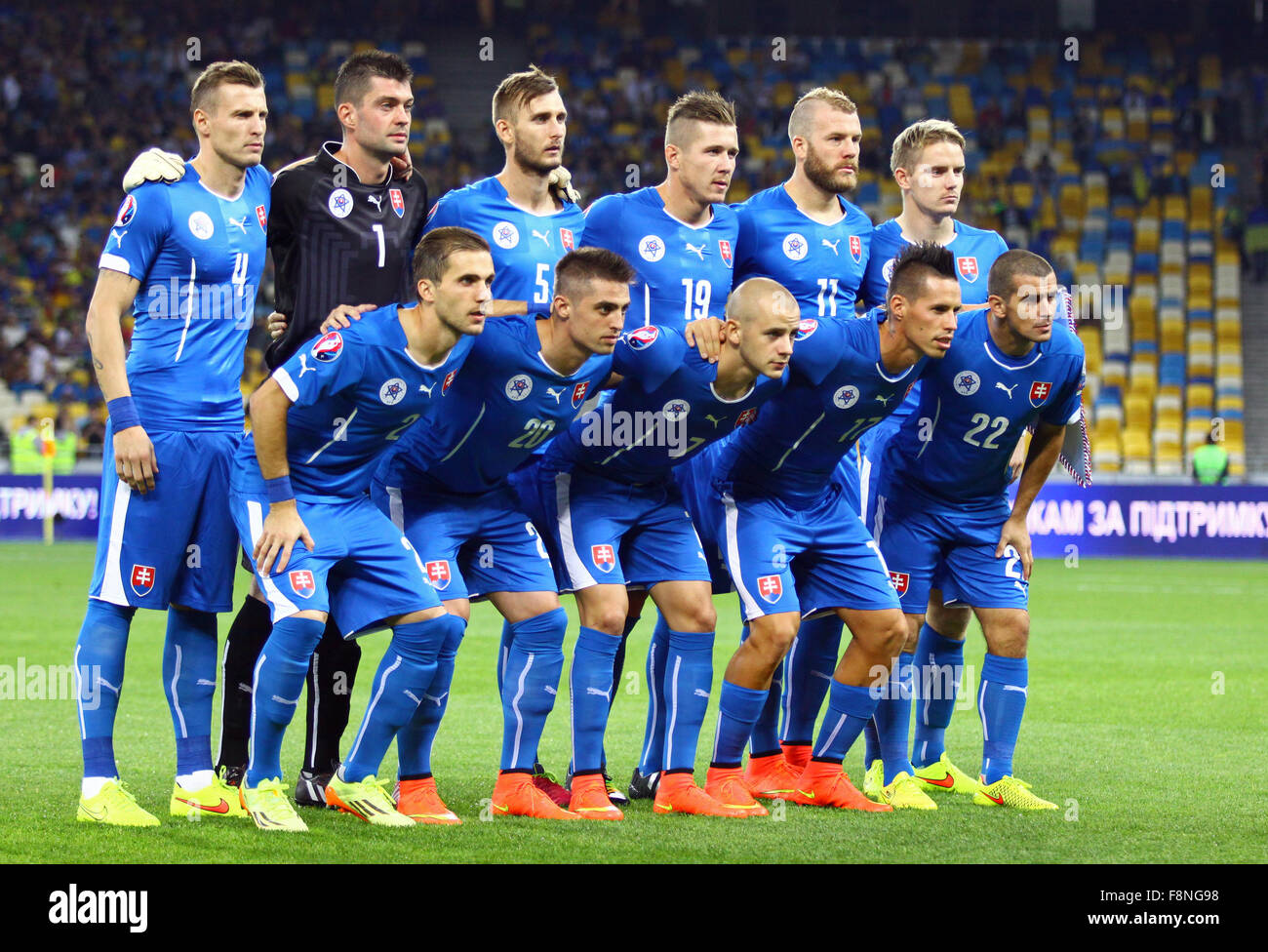 KYIV, UKRAINE - SEPTEMBER 8, 2014: Players of National football team of Slovakia pose for a group photo before UEFA EURO 2016 Qu Stock Photo