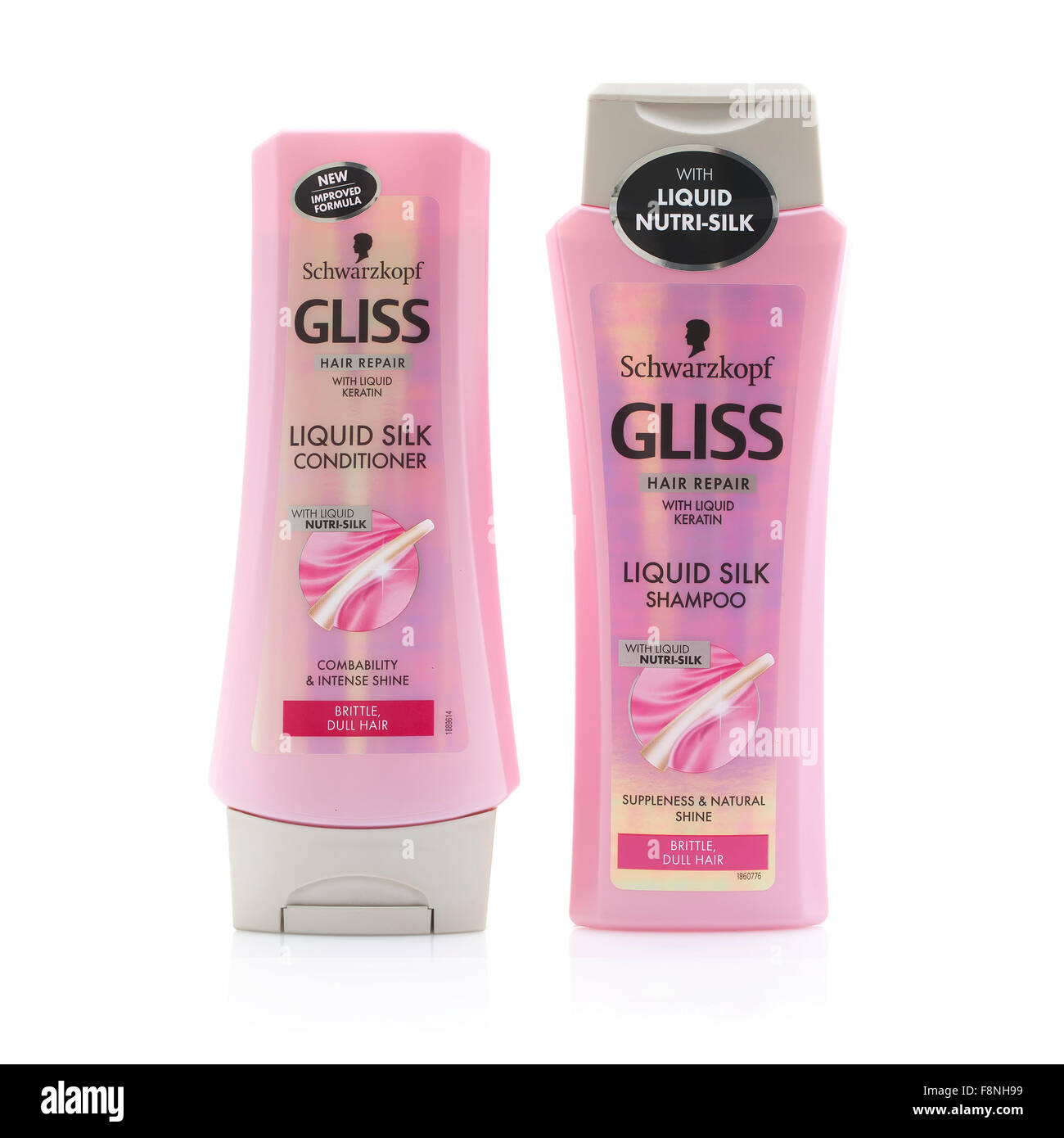 Schwarzkopf Gliss Liquid Silk Shampoo and Conditioner on a White Background Stock Photo