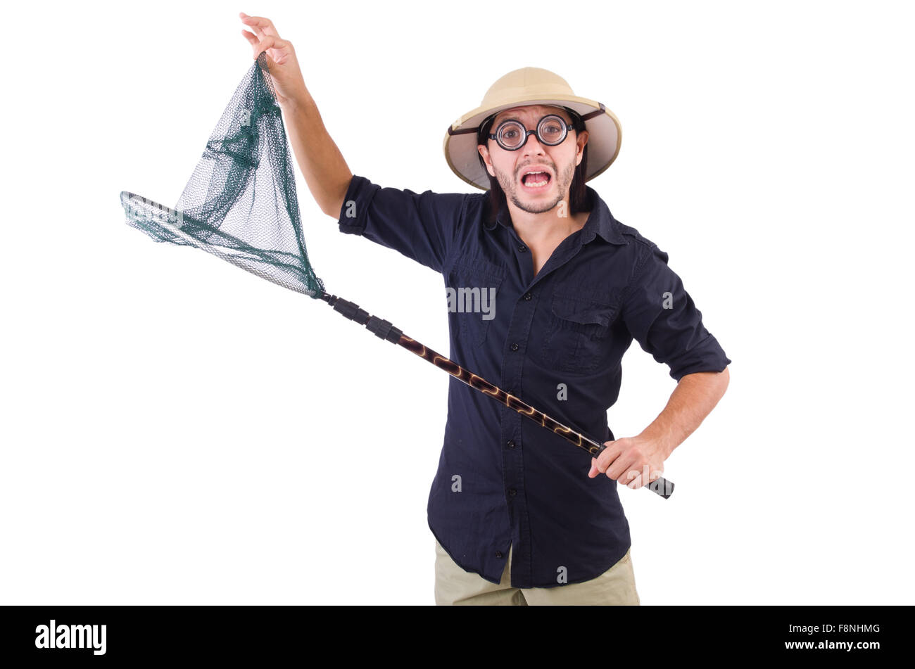 Funny guy with catching net on white Stock Photo - Alamy