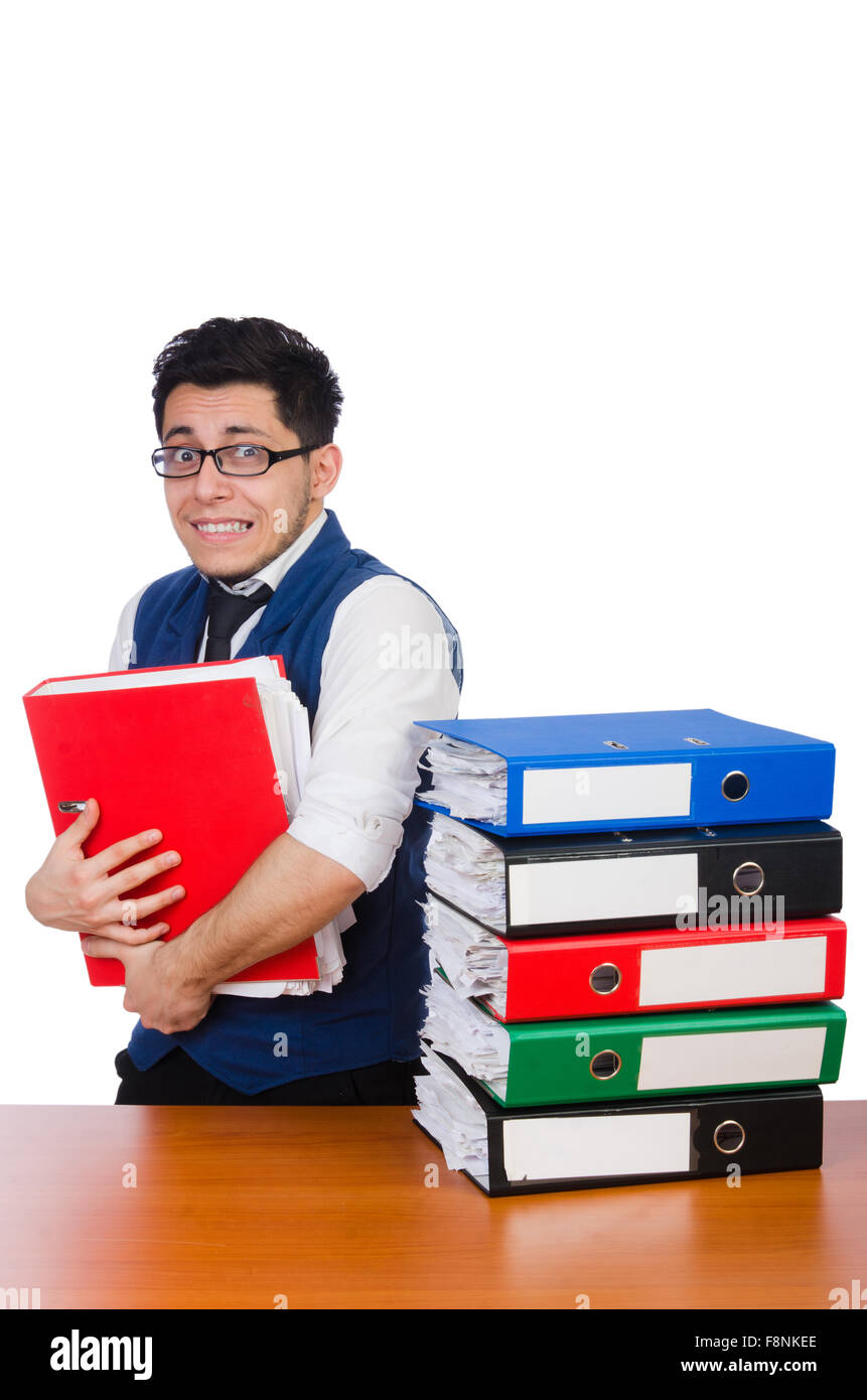 Funny man with lots of folders on white Stock Photo - Alamy