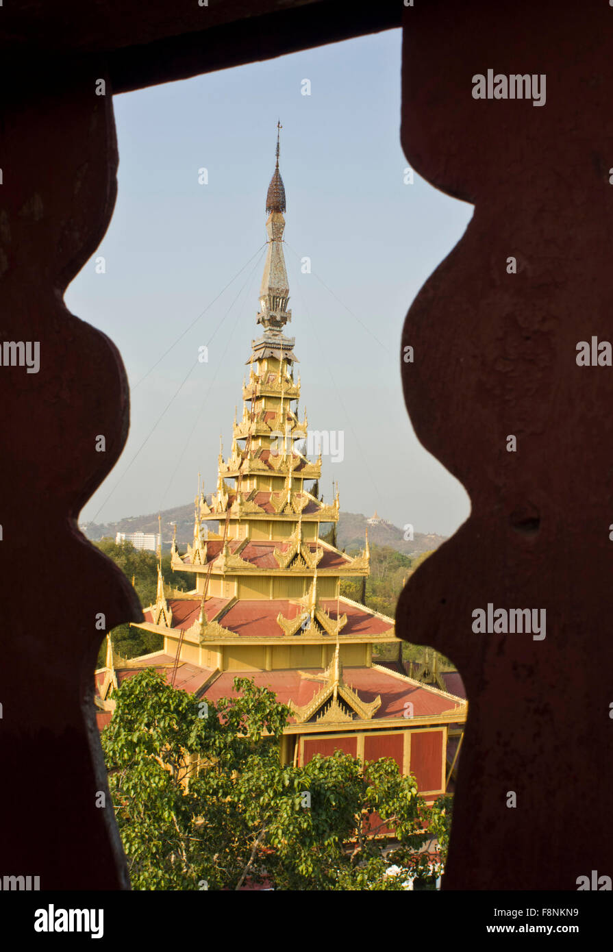 Myanmar Temple framed in Architecture. Shwezigon Temple in Bagan, view from behind the stairs Stock Photo