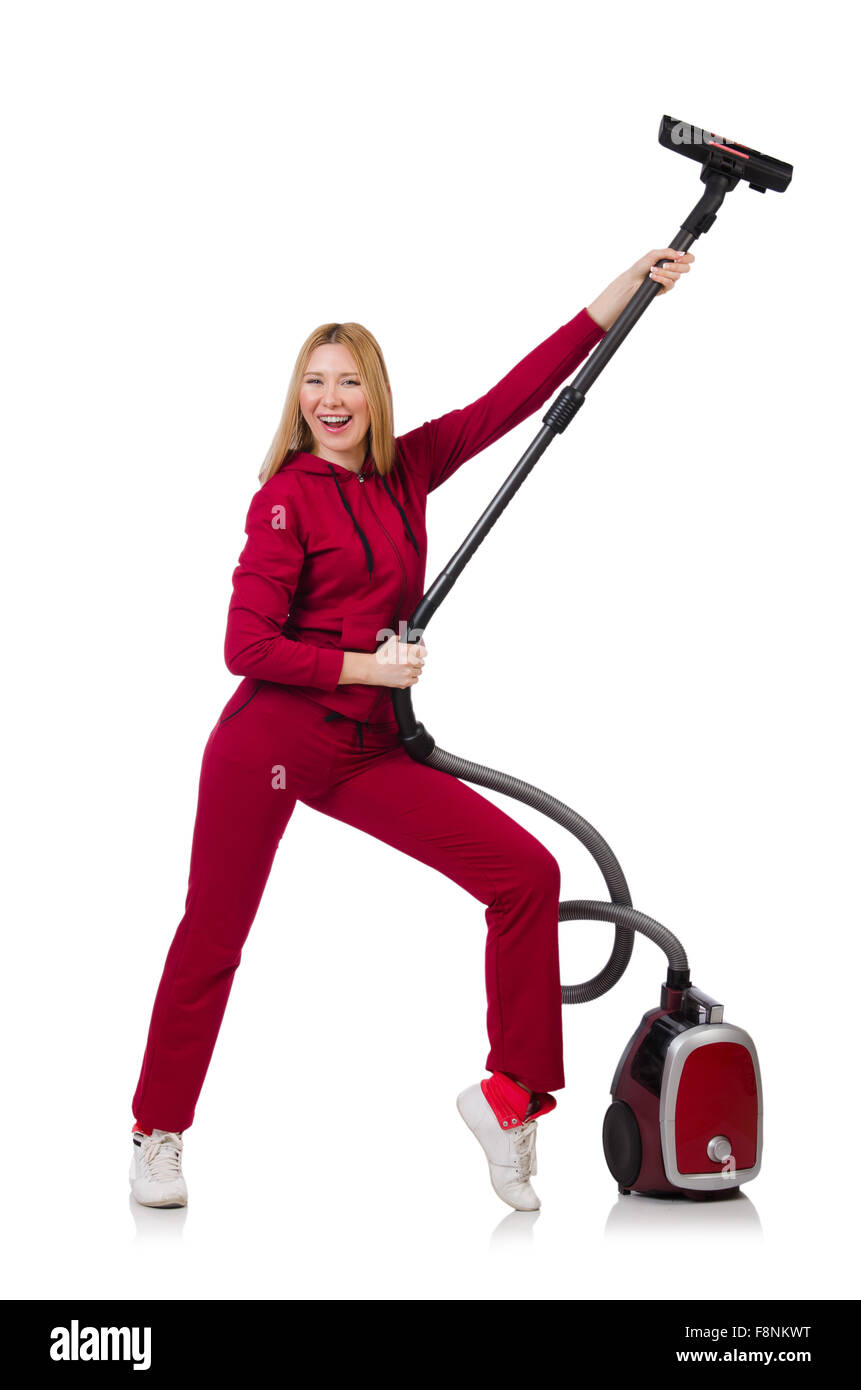Young woman with vacuum cleaner on white Stock Photo - Alamy