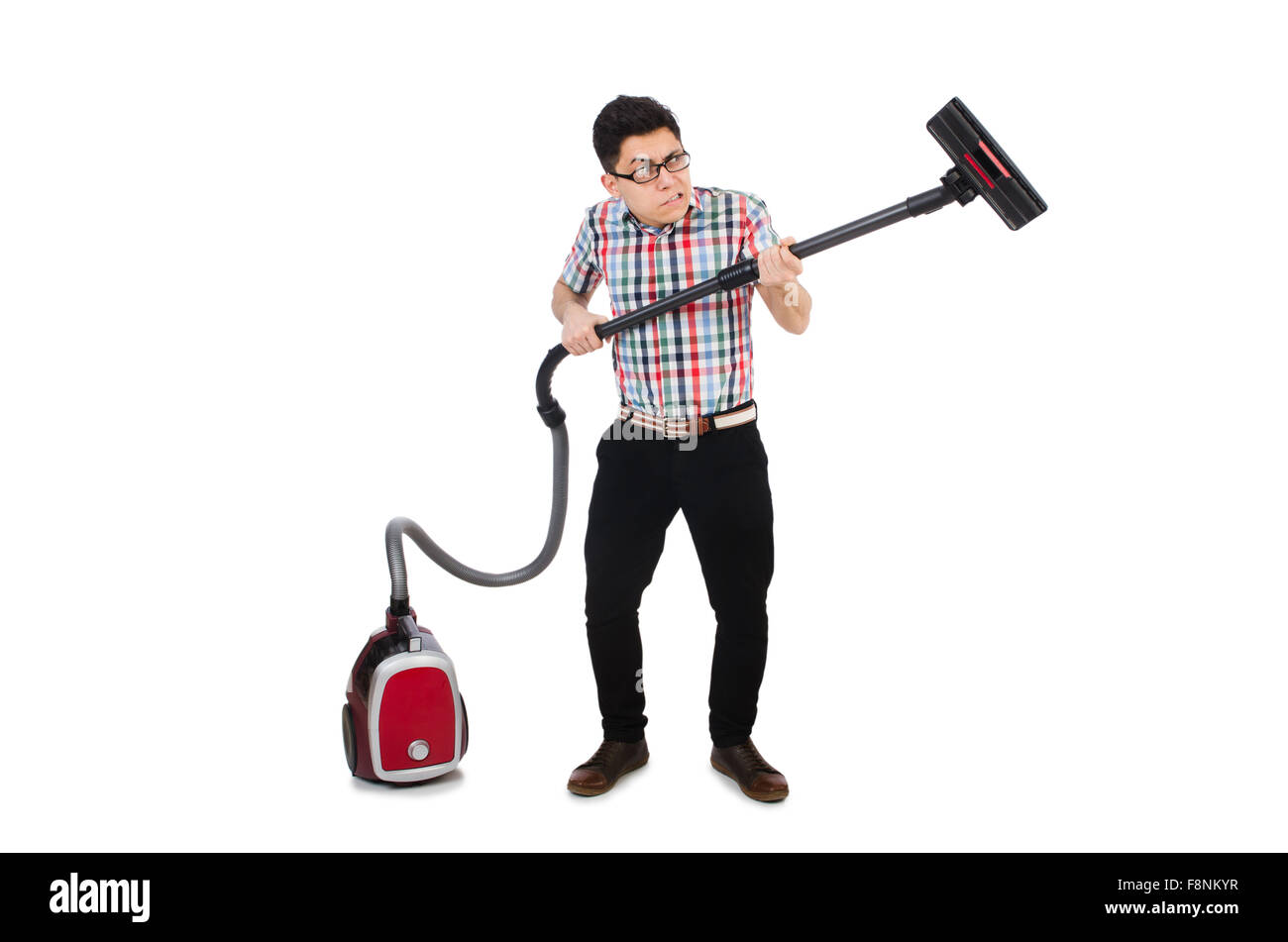 Funny man with vacuum cleaner on white Stock Photo Alamy