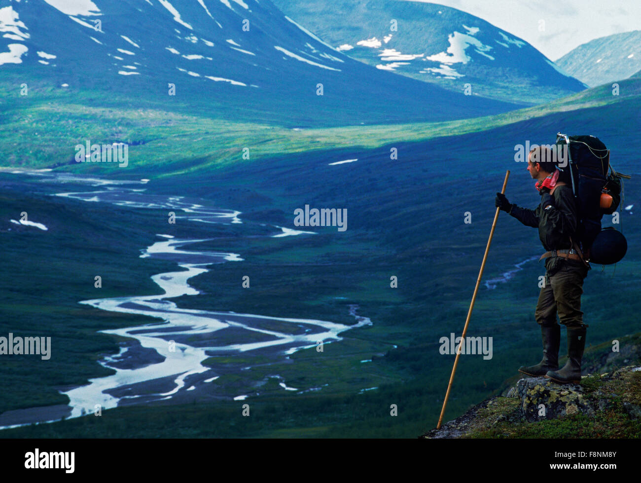 Hiker in Rapadalen Valley in Sarek National Park in Swedish Lapland Stock Photo