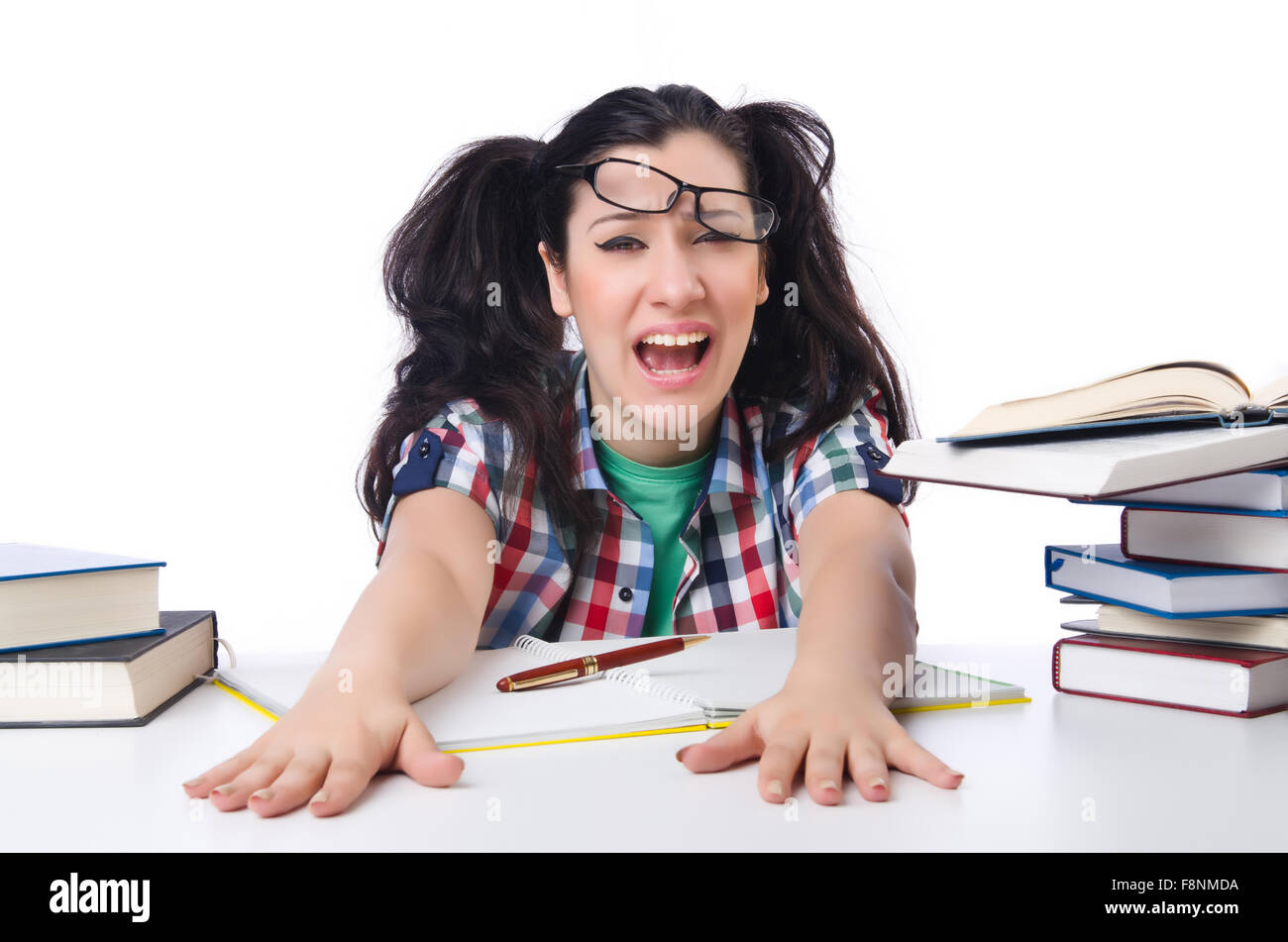 Tired Student With Textbooks On White Stock Photo Alamy