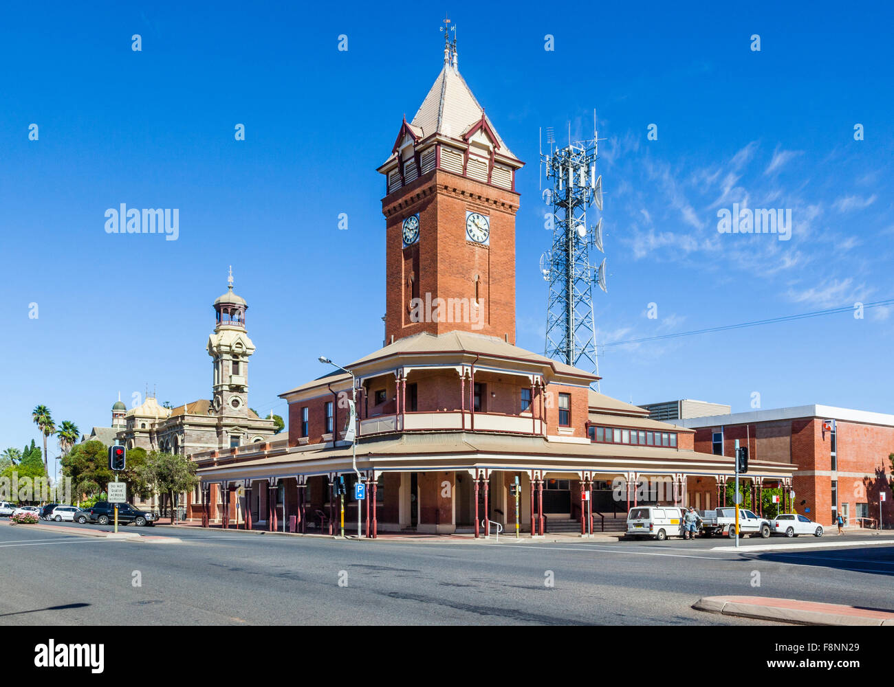 Broken Hill, Argent Street, Post Office Federation Free Style corner clock and bell tower. Stock Photo