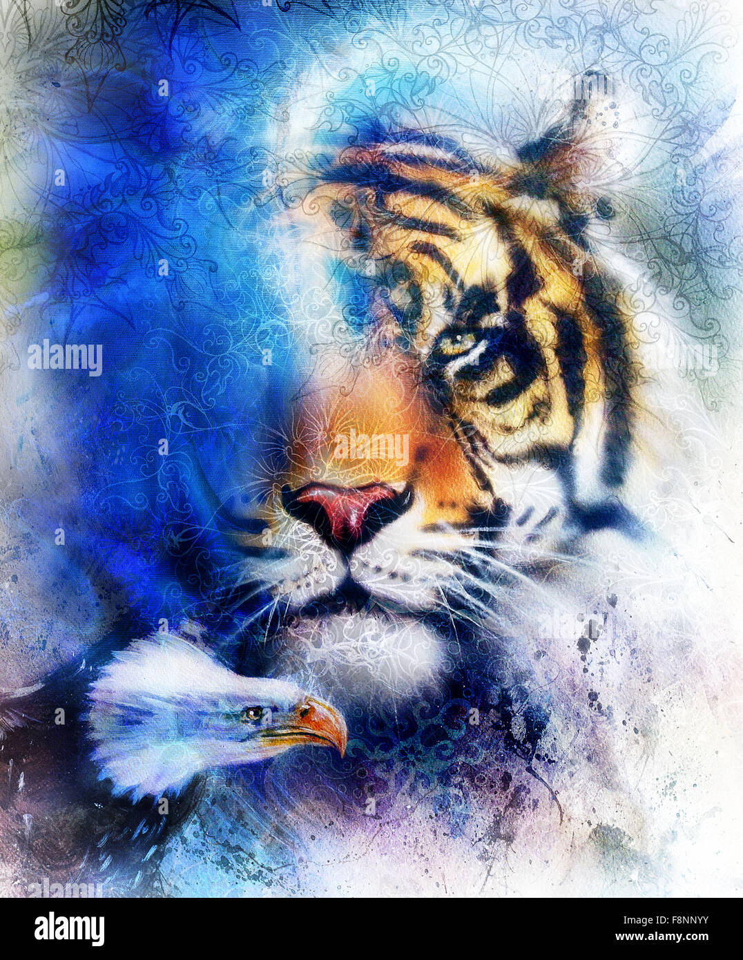 Portrait Tiger With Eagle Color Abstract Background And Ornament