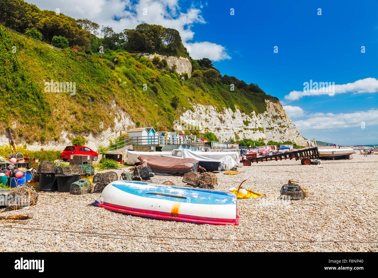 Boats on the beach at Beer, Lyme Bay Devon England UK Europe Stock Photo