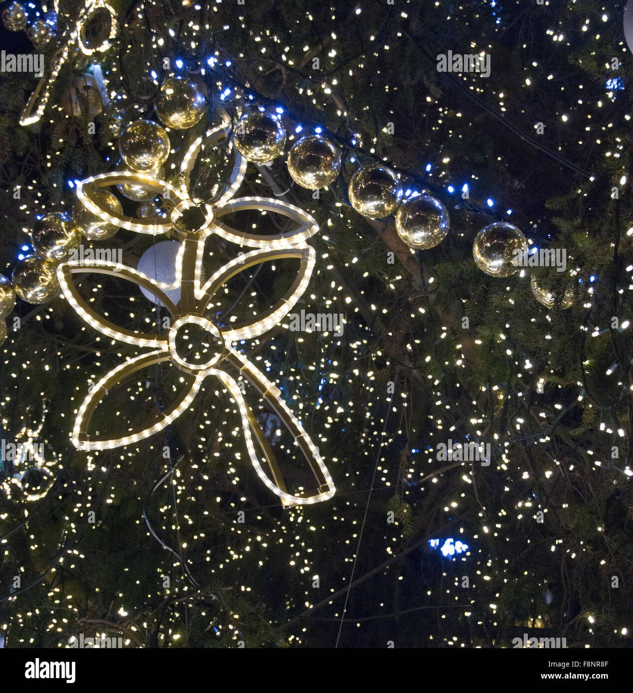 detail of Christmas tree decoration during night on Staromestske namesti square in Praha Stock Photo