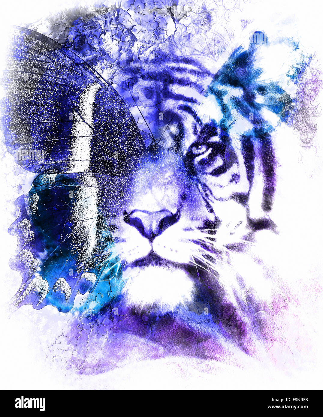 portrait tiger with eagle and butterfly wings.. Color Abstract background and ornament, vintage structure. Animal concept. Blue, black and white color. Stock Photo