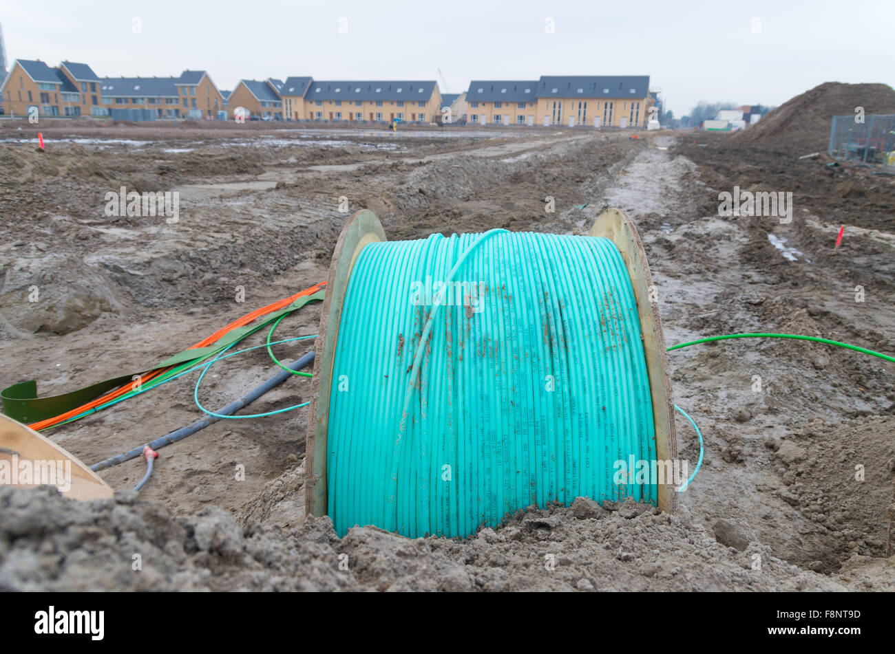 UTRECHT, NETHERLANDS - FEBRUARY 7, 2015: Drum with blue fiber optic cable on it, owned by Ziggo, the largest cable television op Stock Photo