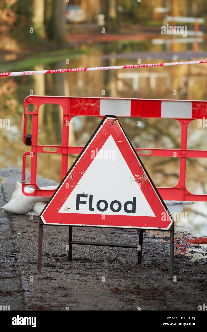 Warning Sign On Flooded Road Stock Photo - Alamy