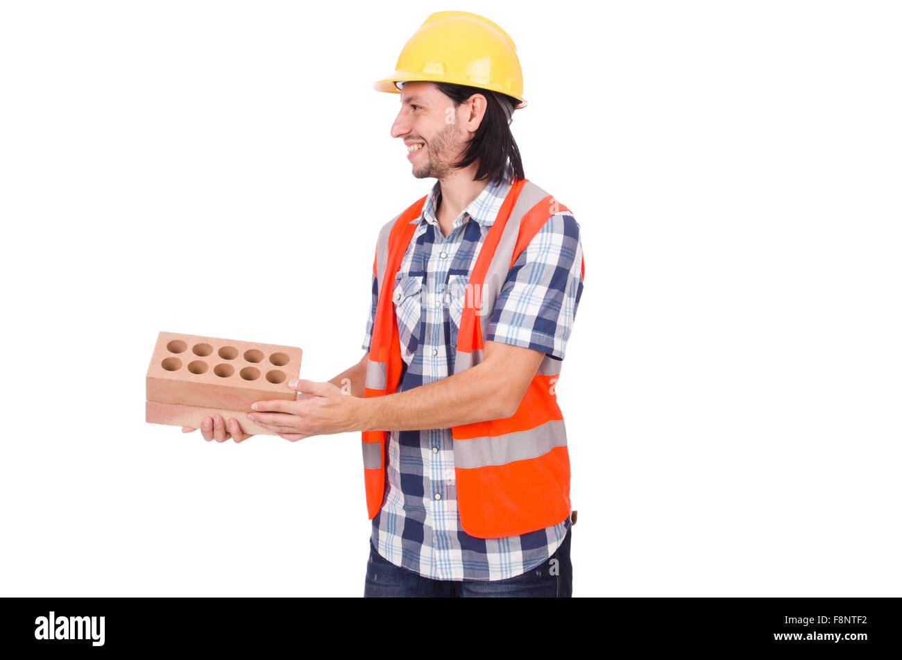 Builder with clay bricks isolated on white Stock Photo Alamy