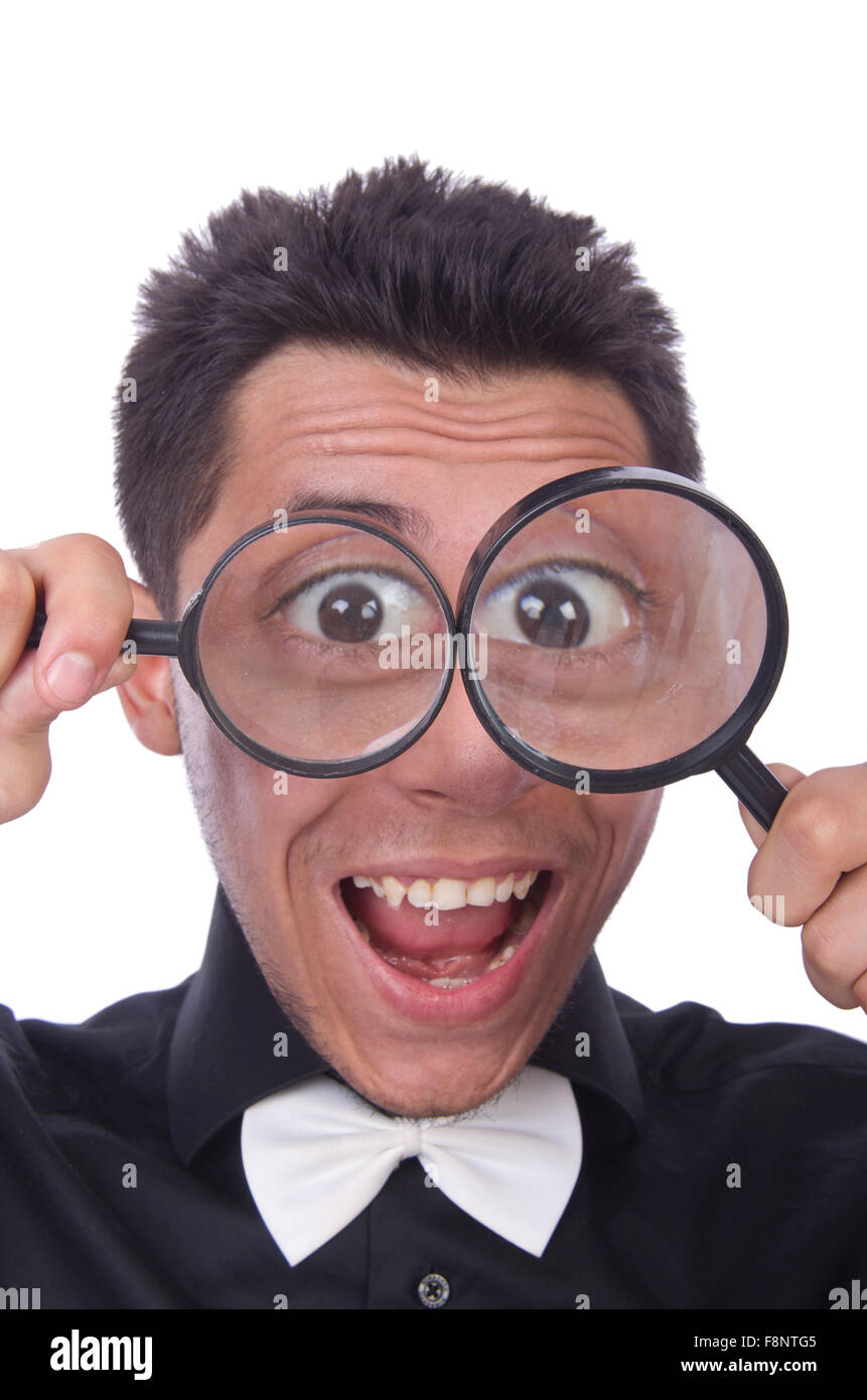 Funny man with magnifying glass Stock Photo Alamy