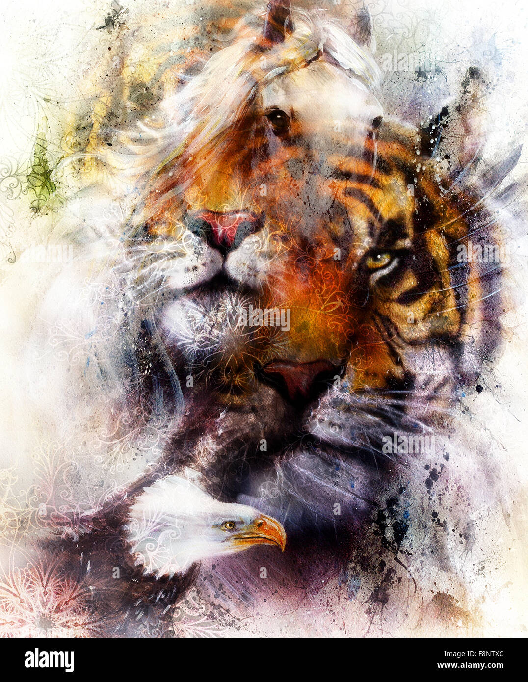 Portrait Tiger With Eagle Color Abstract Background And Ornament Stock Photo Alamy