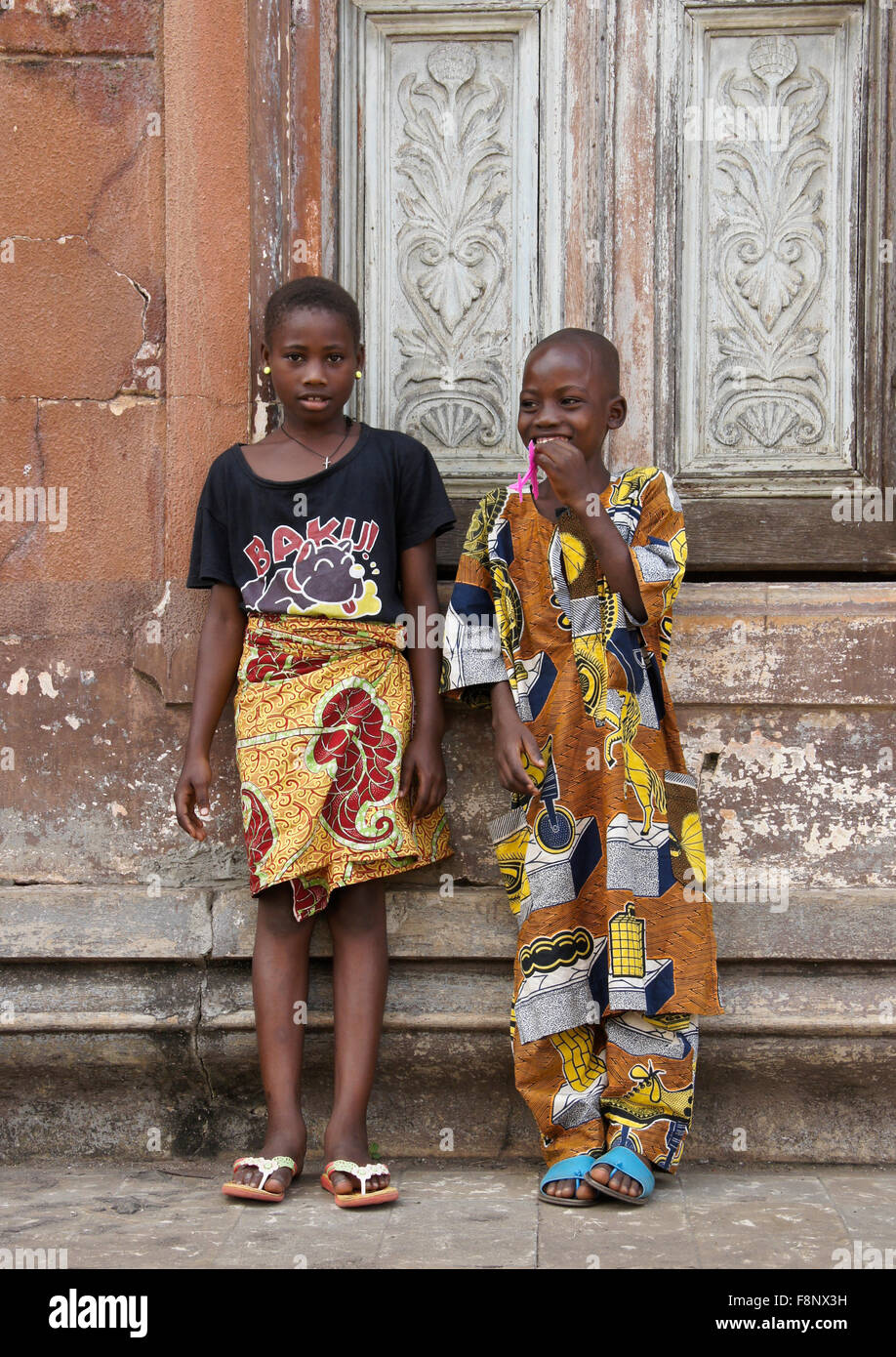 Girl and boy outside Grand Central Mosque, Porto Novo, Benin Stock Photo