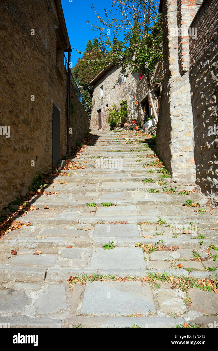 An alley with stairway in Cortona, Tuscany, Italy Stock Photo