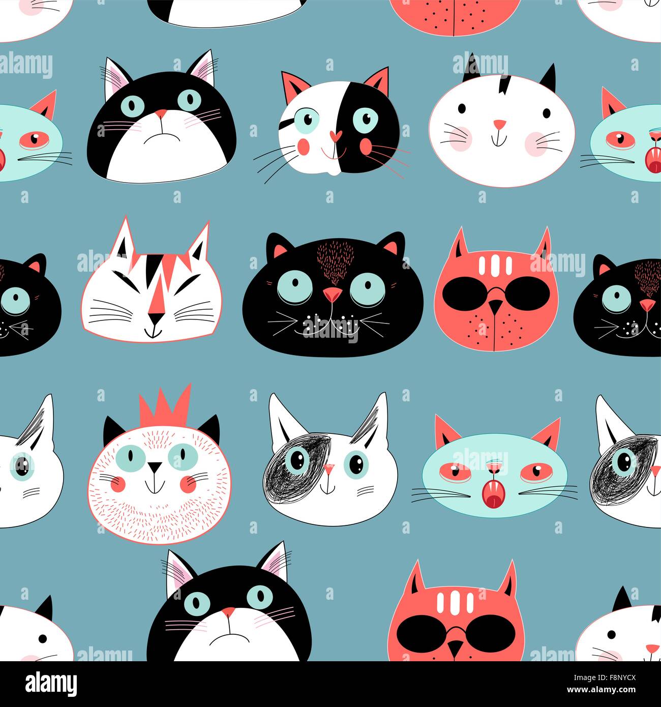 Graphic seamless pattern portraits of cats on a blue background Stock ...