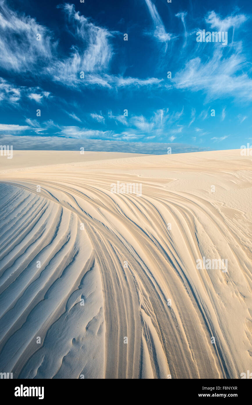 Dune patterns and sky, Lencois Maranhenses National Park, Brazil, Atlantic Ocean Stock Photo